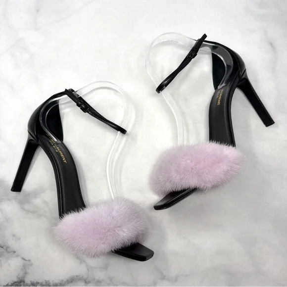 Saint Laurent Bea Mink Fur Leather Square Toe Ankle Strap Stiletto Sandal Heels - Picture 4 of 16